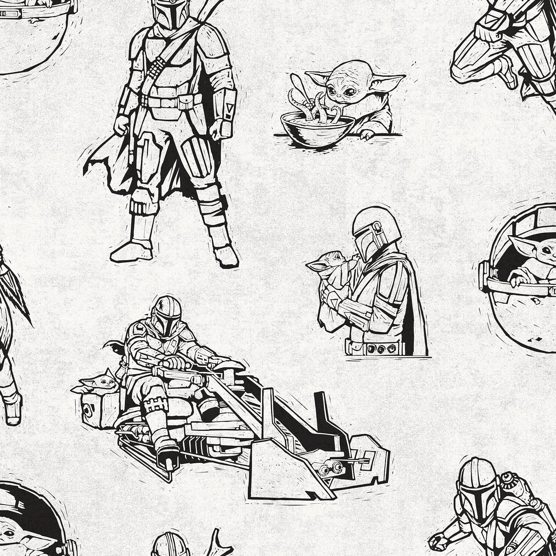 Star Wars The Mandalorian and Grogu Linocut Black Peel and Stick Wallpaper